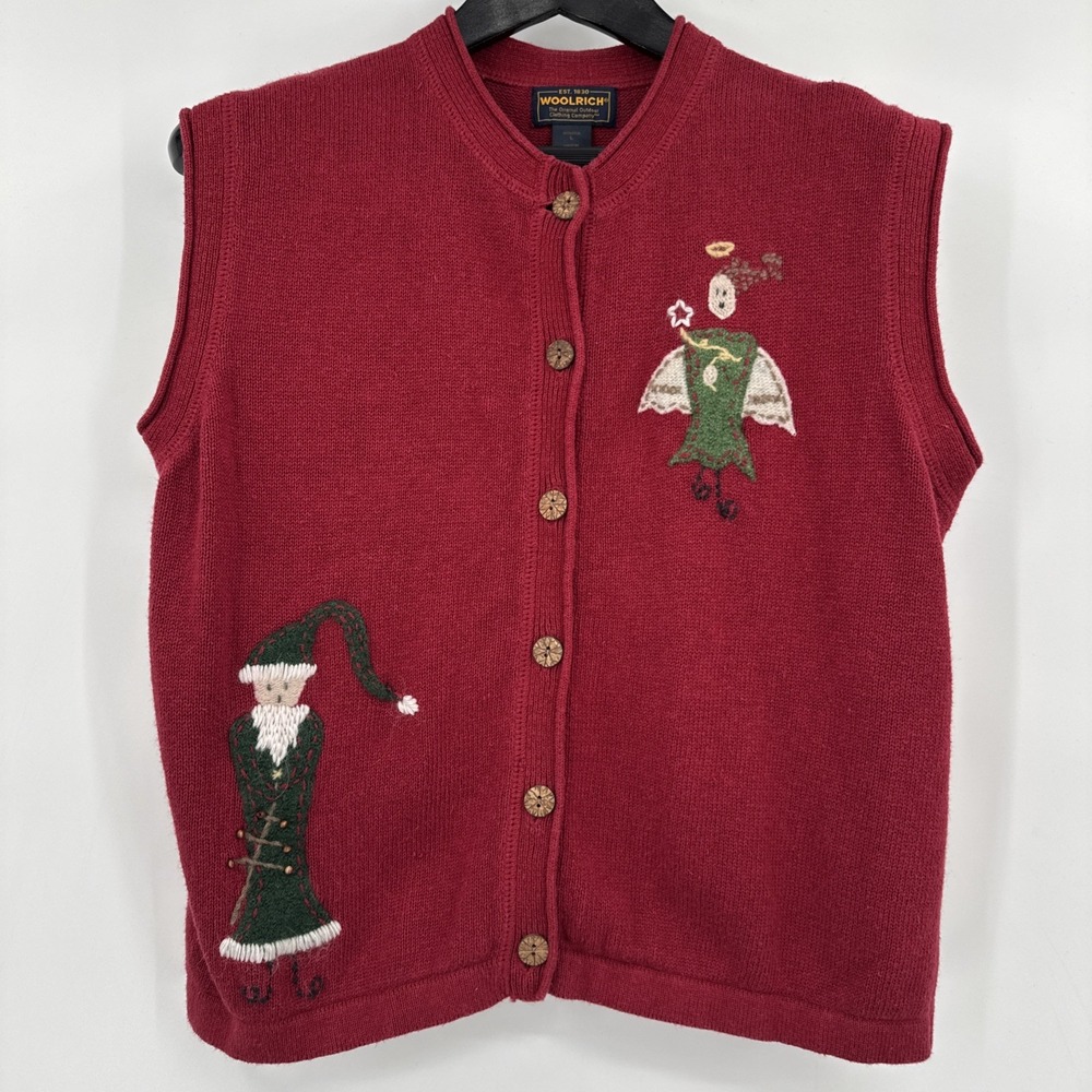 Woolrich Sweater Vest Angel Christmas Lambswool Blend Ruby Red L Vtg